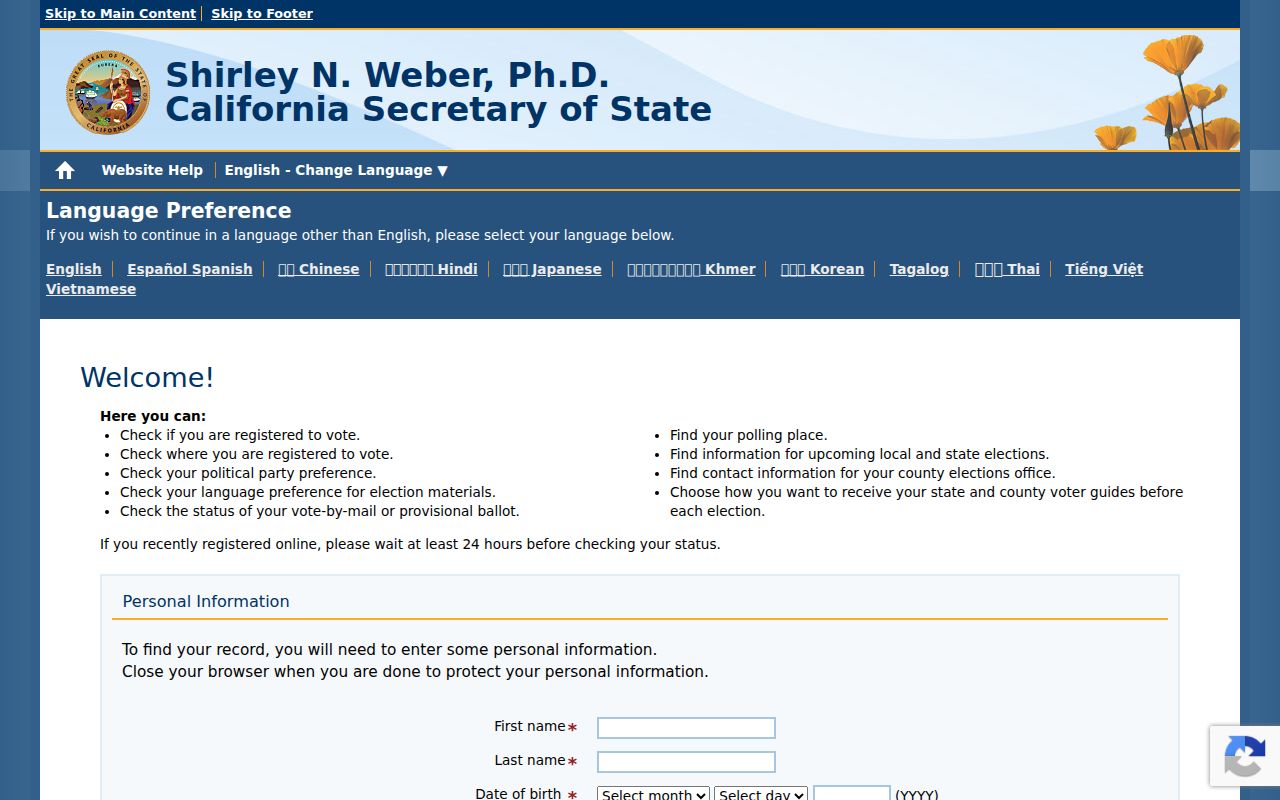 Bellflower voter registration records California My Voter Status lookup